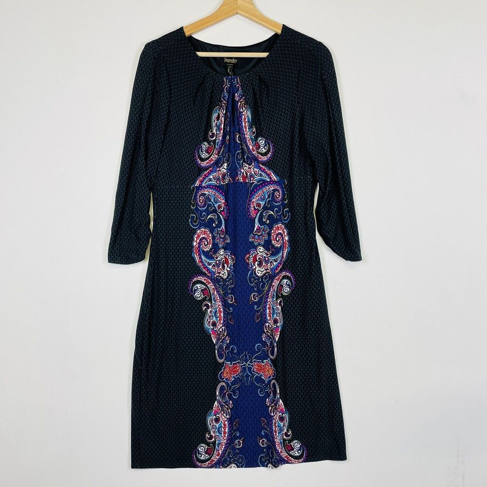 Laundry Shelli‎ Segal Sheath Dress Women 10 Blue Paisley Retro Vibrant Chic